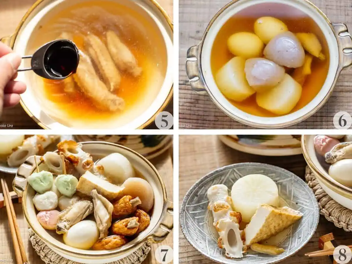 Oden making process 2 in 4 images, adding soysauce, and mirin to the pot, adding prepared konnyaku, daikon, then agemono and nerimono added, and cooked oden pieces on a plate for serving