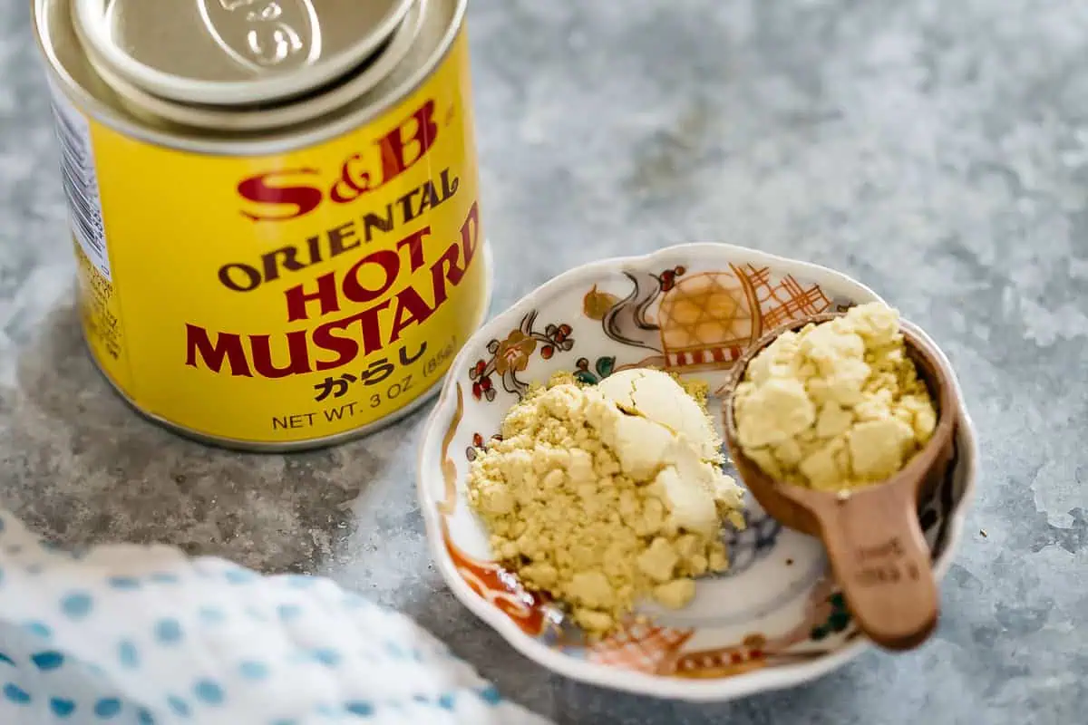 Japanese hot mustard in a tin and powder on a small plate