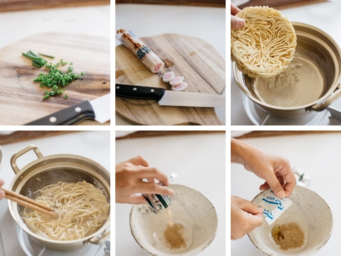 6 photos showing the Shoyu ramen making process in 6 photos