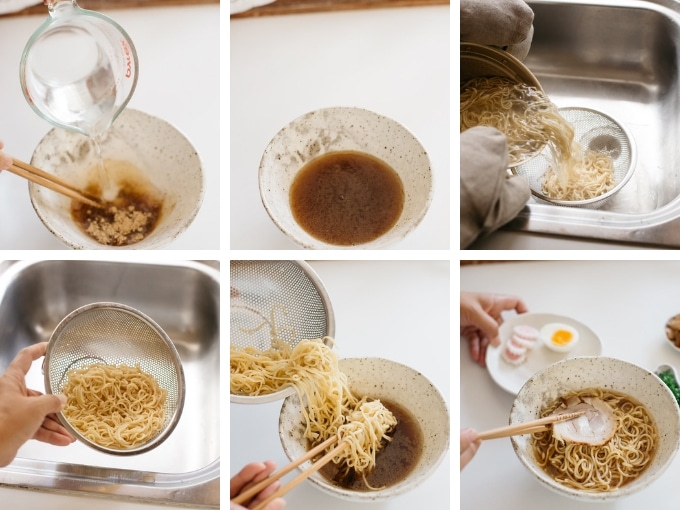 6 photos showing the second 6 process of making Shoyu ramen in 6 photos
