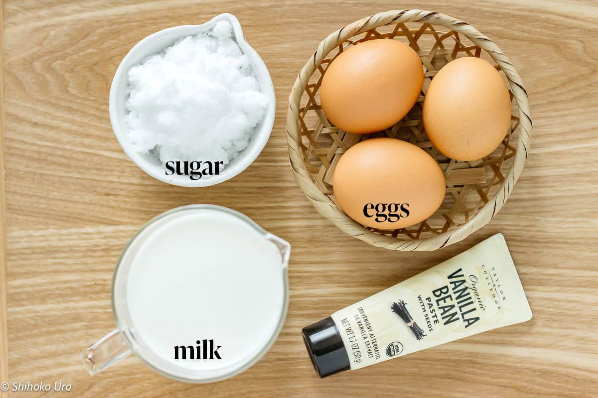 Eggs, sugar, milk, and vanilla bean extract for Purin.