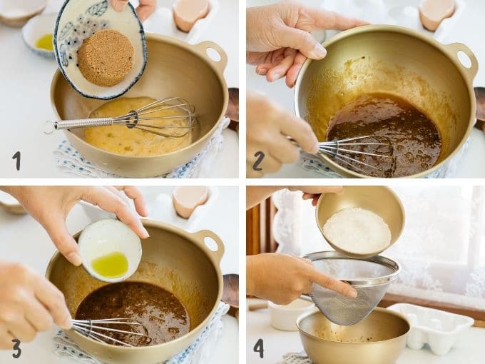4 photos showing mixing egg, sugar, oil and flour in 4 photos