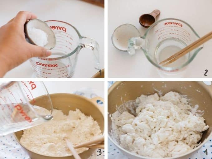 Adding salt into a jug of water and add the salt water to a bowl of flour to make dough