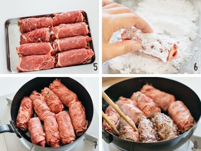 four photos showing eight rolls, rolled on potato starch, and being cooked in a frying pan