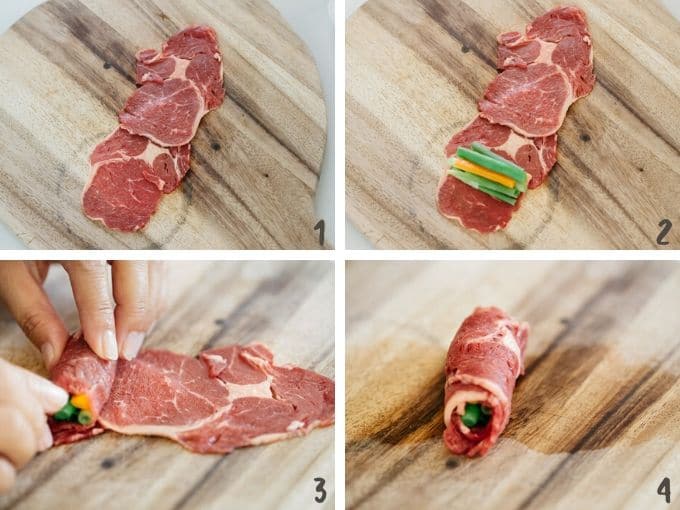 four photos showing rolling scallions and vegetables with thinly sliced beef strips