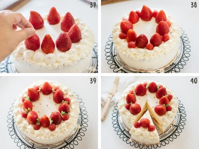  four photos showing strawberry shortcake cake decorated with strawberries in four photos