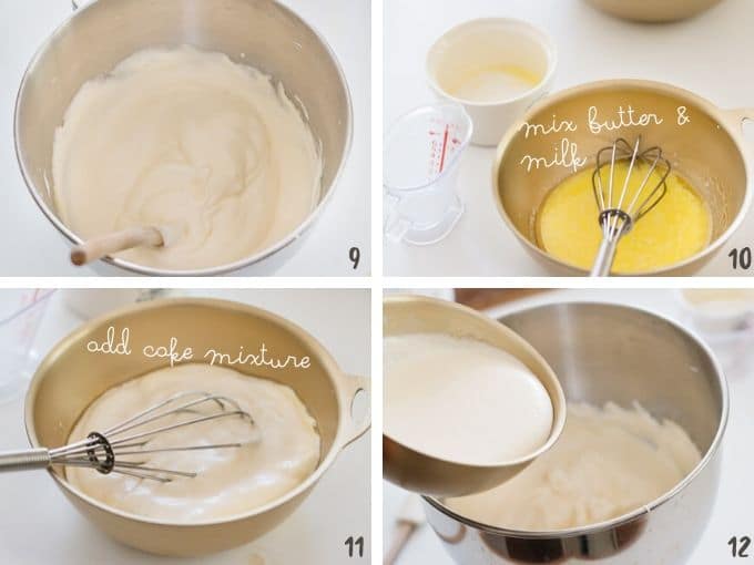 Four photo collage showing mixing unsalted butter and milk mixture into cake mixture.