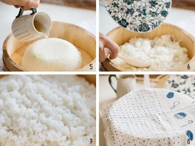 mixing sushi vinegar into cooked rice in four photos