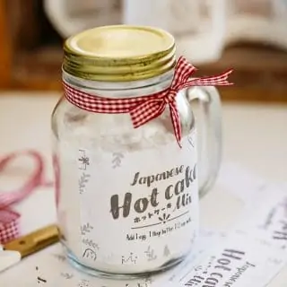 Japanese hot cake mix in a jar with cute label on with a ribbon wrapped