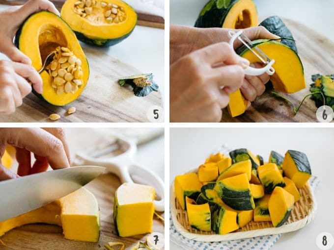 4 photos of step by step. removing seeds with a spoon, and rounding the corner and cutting the squash into even size