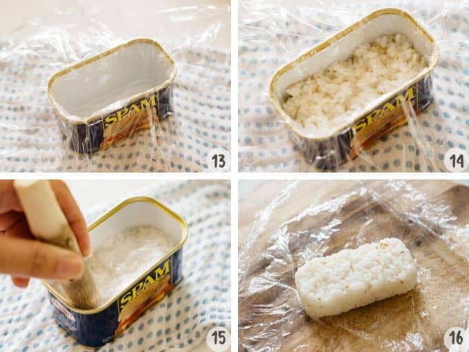 4 photos are showing using empty spam tin as rice ball mould