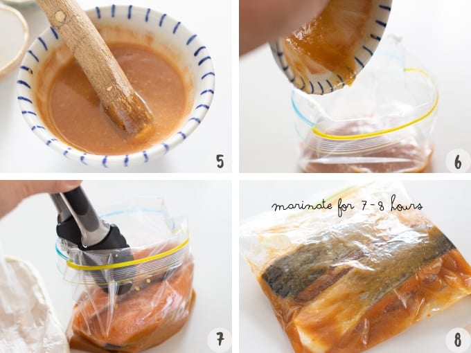 making miso marinade mixture and pouring it over the two salmon fillets in a ziplock bag