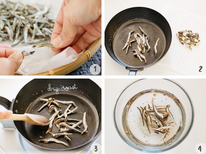 4 photo collage showing steeping method of Niboshi dashi (anchovy stock)