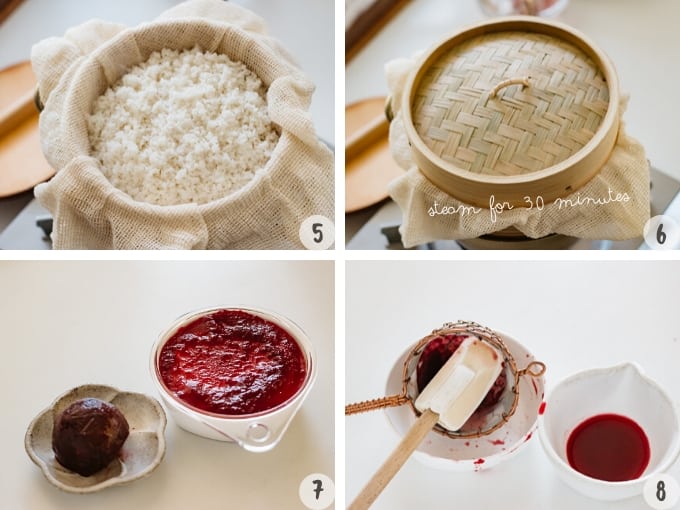  steaming rice in a bamboo steamer in two photos and making beetroot juice for colour