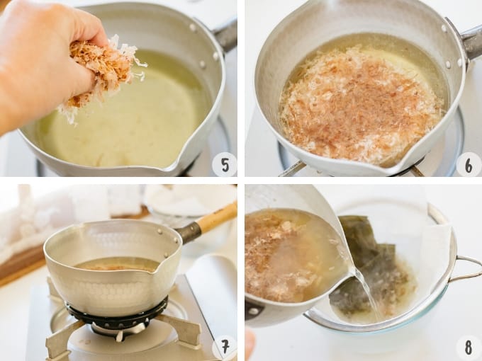 Ichiban dashi step by step, adding bonito flakes, and straining the ingredients with a sieve. 