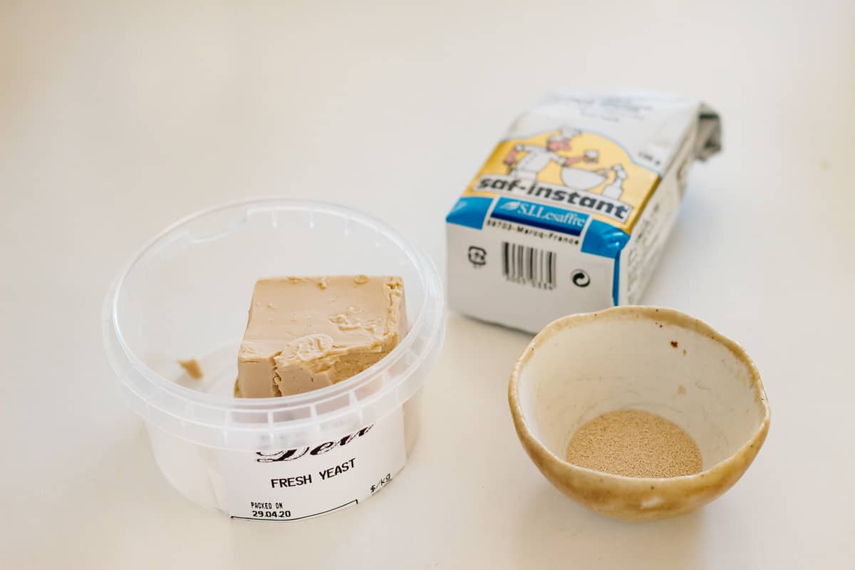 fresh yeast in a container on the left and instant dry yeast in a bowl and package.