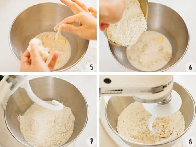 adding yudane to a bowl of other Japanese bread ingredients and mixing them all together in a stand mixer with a hook dough attachment