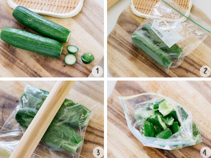 4 photo collage showing how to smash two cucumbers in a ziplock bag with a rolling pin