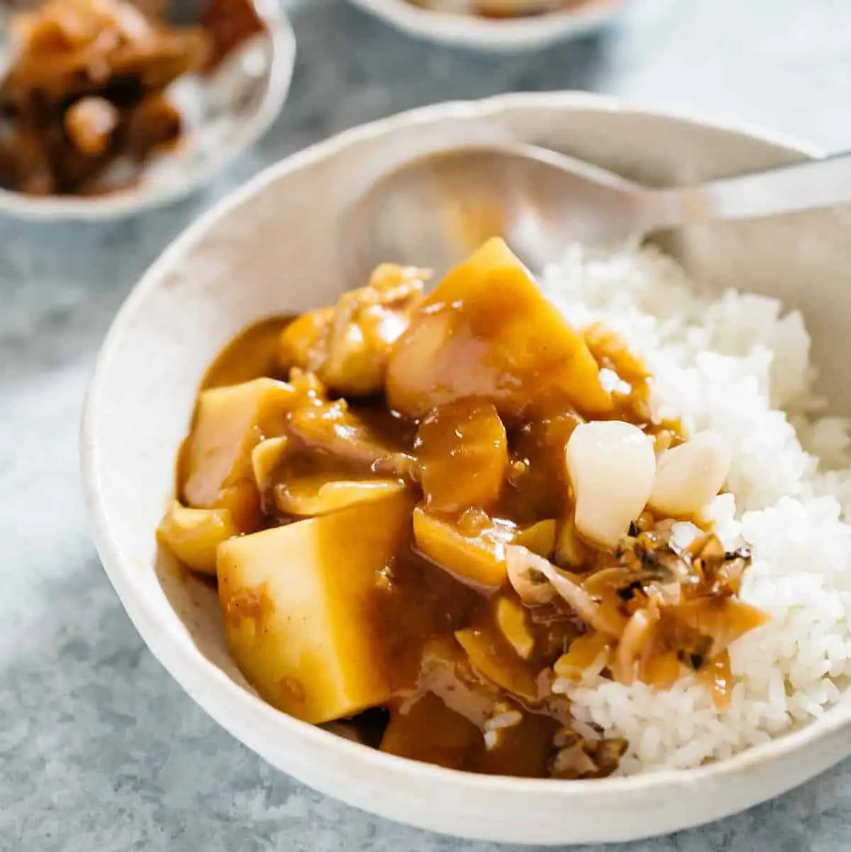 Japanese curry served with plain cooked rice in a bowl