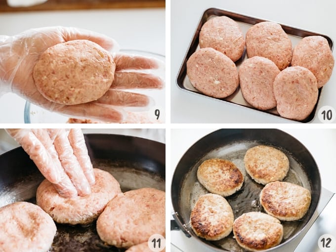 Shaping hamburger steak patties with hands and making indents in a frying pan in 4 photos