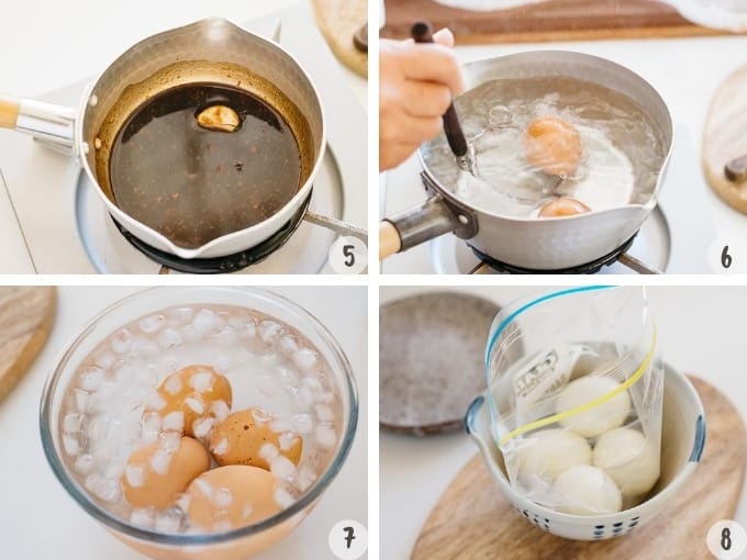 4 photo collage showing the process of soft boiled eggs