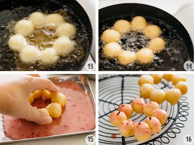 4 photo collage showing deep fried mochi donut pon de ring being grazed.
