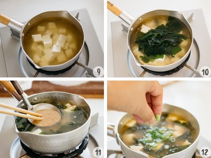 4 photo collage of making miso soup process cooking ingredients and dissolving miso paste