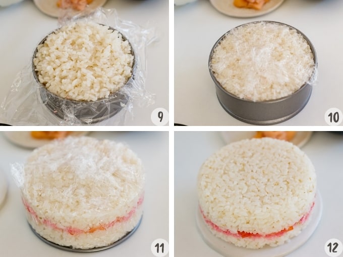 4 photo collage of sushi making process