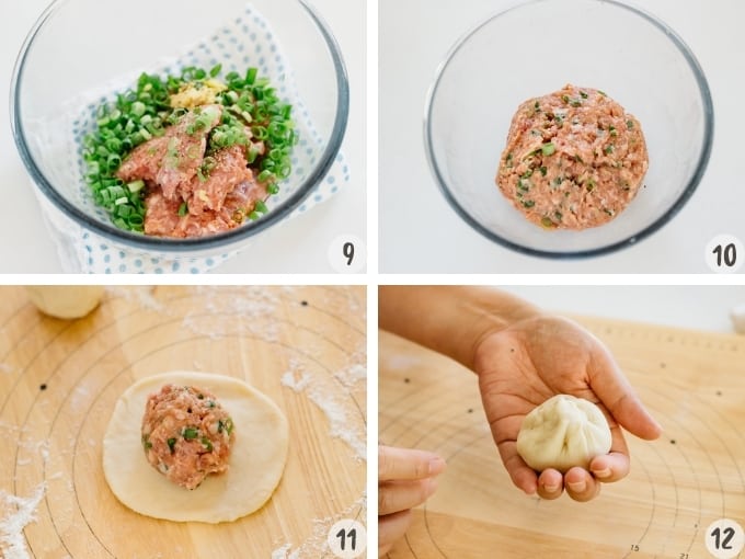 4 photo collage is showing how to make filling and wrap it with the dough