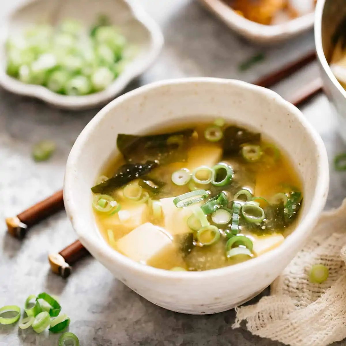 Tofu and wakame miso soup served in a bowl