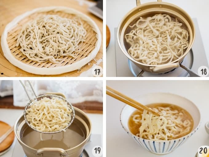 cooking freshly made ramen noodles in a boiling water. 