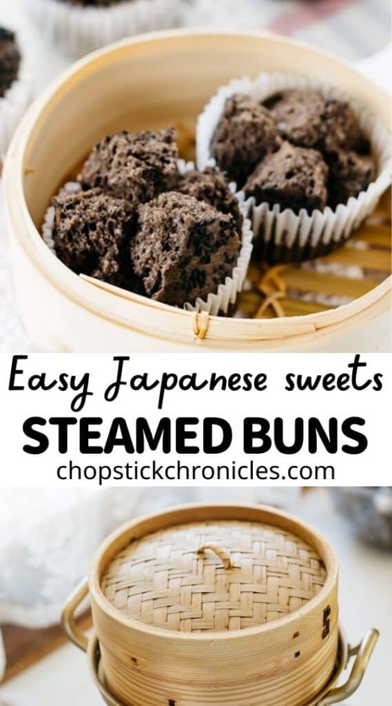Black sesame seed steamed buns image for pinterest with text overlay