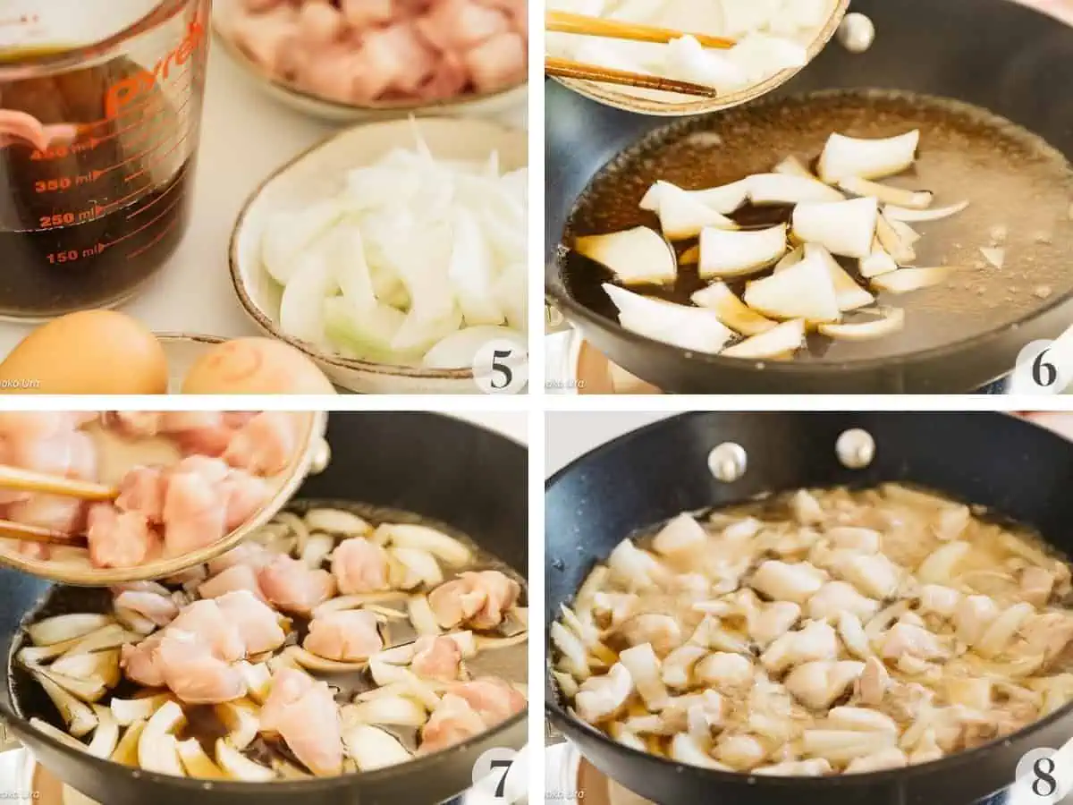 4 images collaged, onion bein gcooked in a pan, chicken added and both ingredients being cooked in a pan