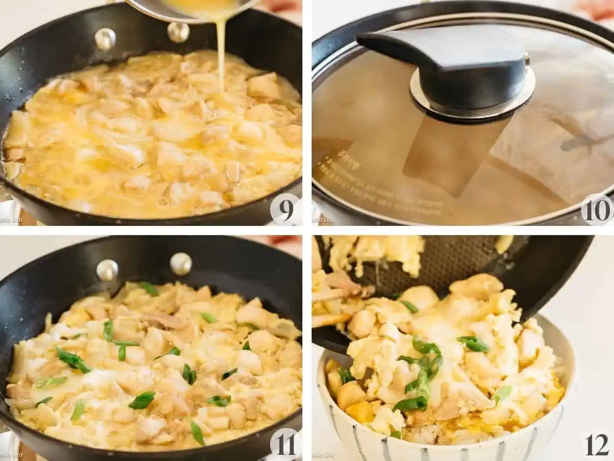 4 images collaged egg added to a pan, lid on a pan, garnished with scallion and served on a bed of rice