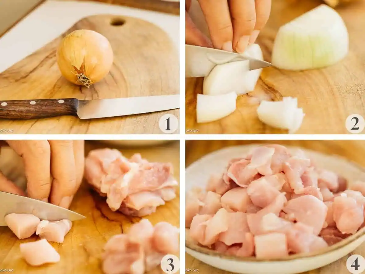 4 images collaged, onion, onion being chopped, chicken and chicken being chopped