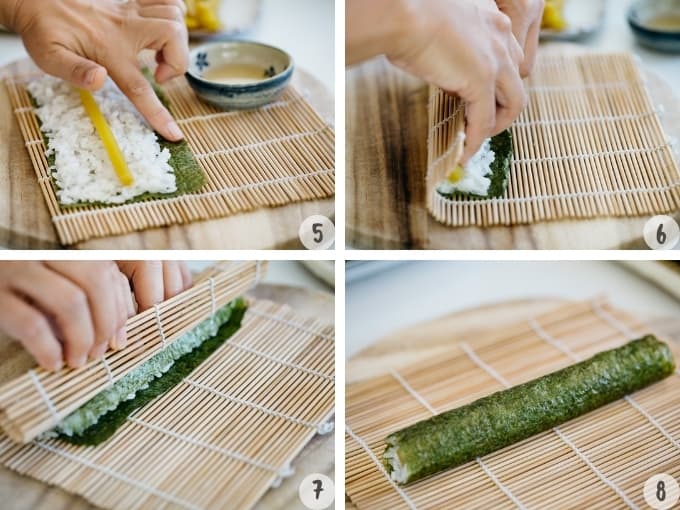 4 photo collage of making oshinko roll step by step rolling all ingredients together 