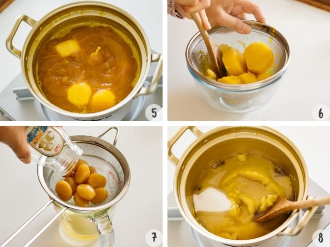 a 4 photos collage showing cooking and straining sweet potatoes 