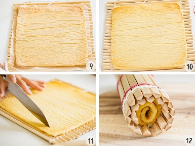  Rolling baked omelette with a bamboo rolling mat in 4 photo collage