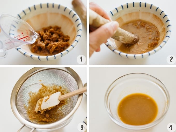 A collage of 4 photo showing preparing miso paste 