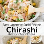 Chirashi served in a large bowl, two photo collage image for pinterest with text overlay