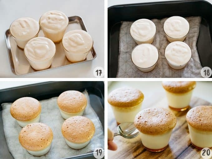 4 photo collage of baking 4 castella pudding cups 