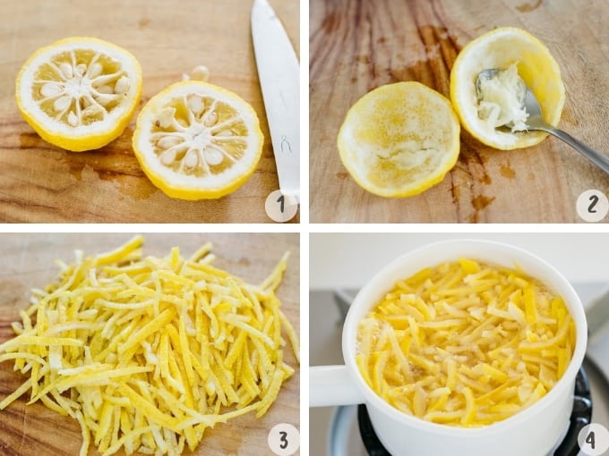 a collage image of 4 photos cutting up yuzu fruits