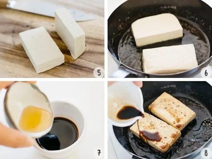 a four images collage of making tofu steak process