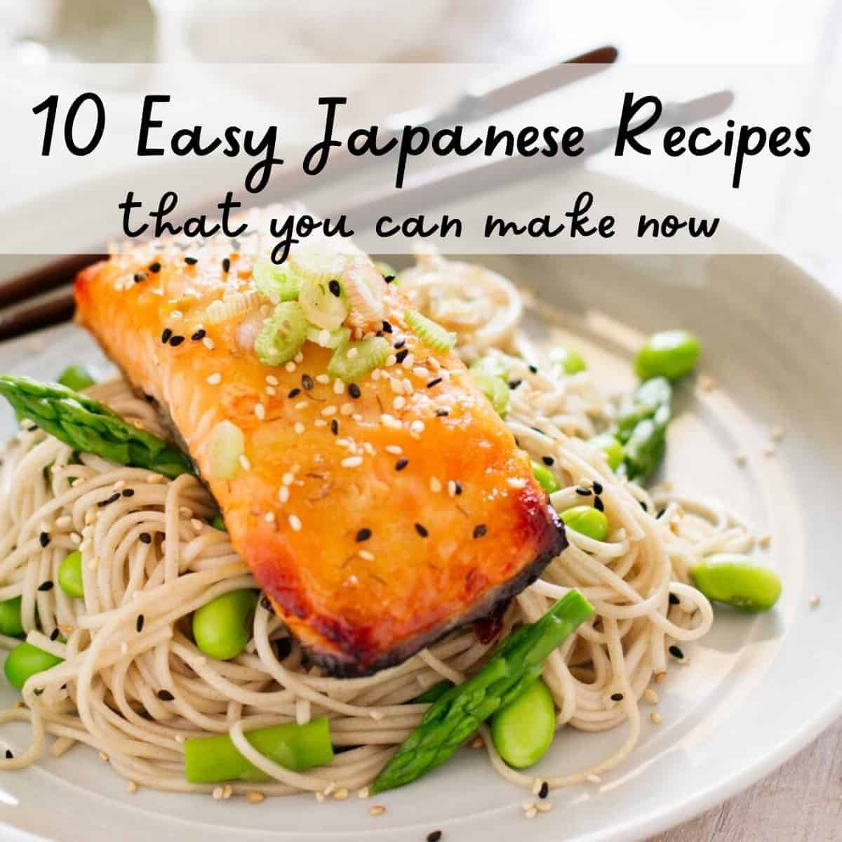 miso glazed salmon served on soba noodles with text overlay