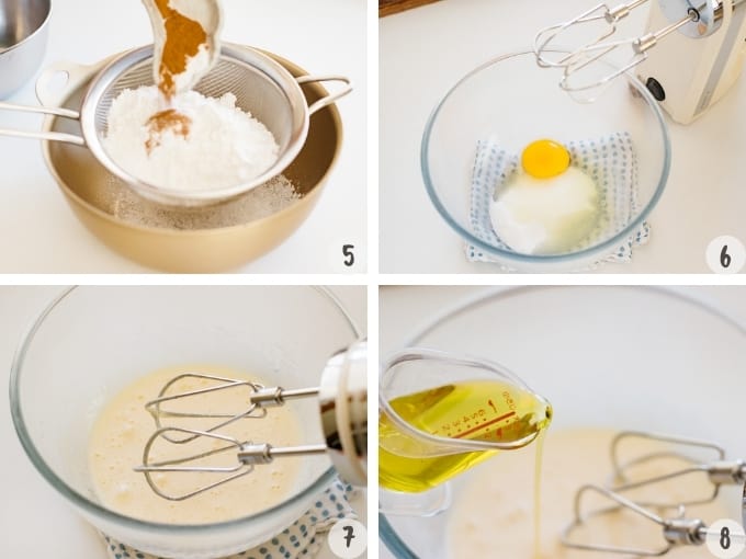 4 photos of shifting flour, putting sugar and egg to beat and adding oil 