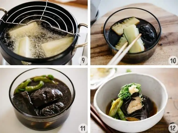 Japanese eggplant recipe making process, deep frying eggplant and soaking in prepared sauce