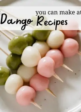 Hanami dango on skewers served on a plate image with text overlay