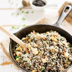 Black sesame fried rice cooked in a cast iron skillet