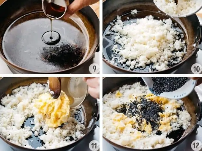 Collage of 4 images cooking black sesame chahan process - frying rice and mixing other ingredients in
