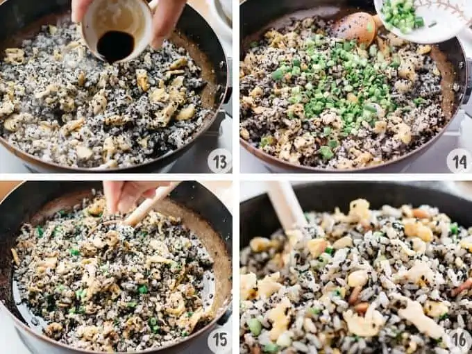 4 images collage of making black sesame chahan frying and tossing all ingredients in a pan 